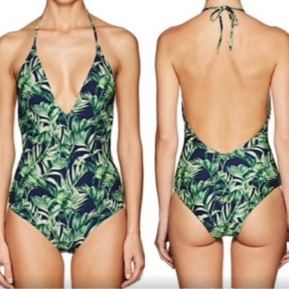 Onia NWT Blue/Green Palm Leaf Patterned Tie Neck 1-Piece Swimsuit Sz XL